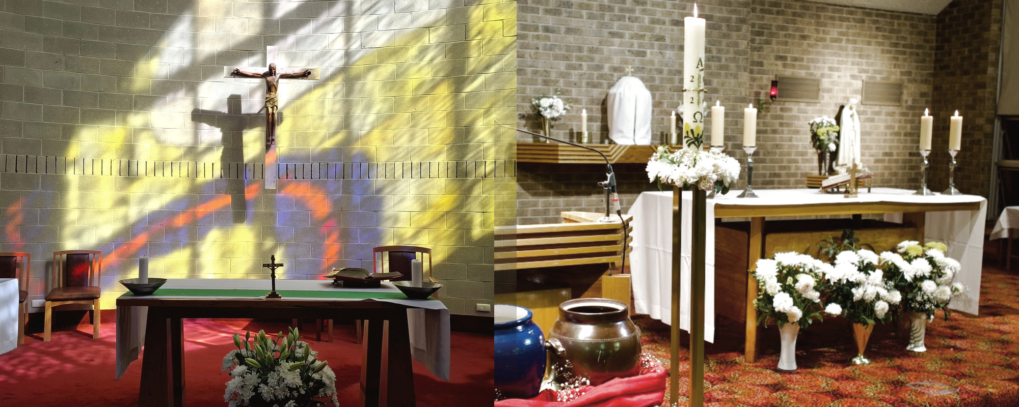 The altars of our two churches: St Timothy's, Forest Hill on the left and St Luke the Evangelist, Blackburn South on the right